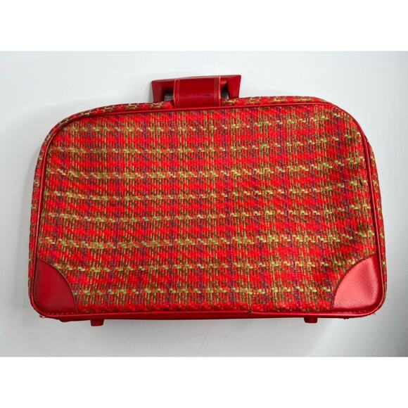 Vintage Suitcase Plaid Made in Japan Red Vinyl Pockets Zipper Retro Travel - Picture 6 of 16
